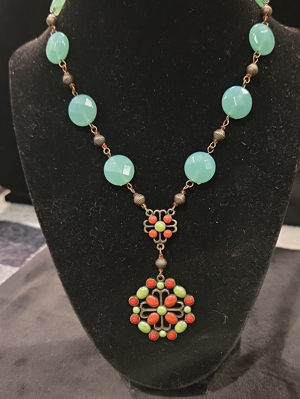 Avon Turquoise Bead Necklace with Coral and Lime Floral Pendant